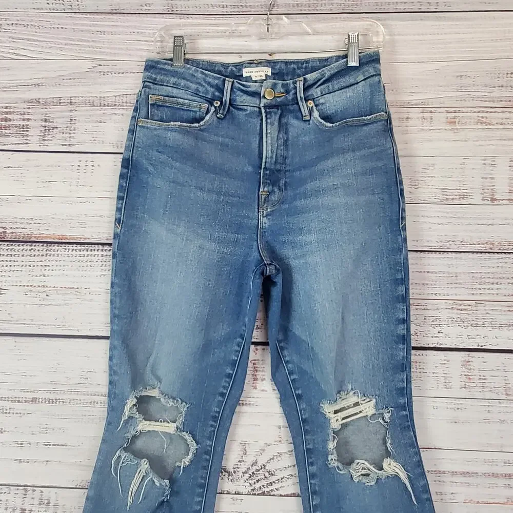Good American High Rise Ripped Knee Jeans Straight Leg Gorpcore Grunge 6 (28)